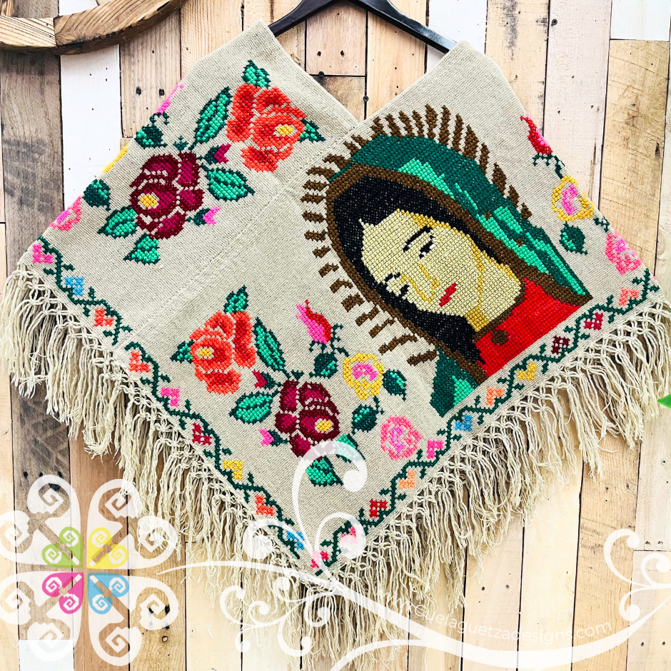 Plus Size Guadalupe Design Beige Embroider Poncho - Mañanita