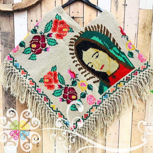 Plus Size Guadalupe Design Beige Embroider Poncho - Mañanita