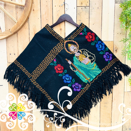 San Judas Design Black Embroider Poncho - Mañanita
