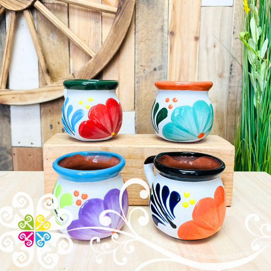 Set of 4 Medium Flor Decorated Mexican Clay Mugs -  Set Taza Barro