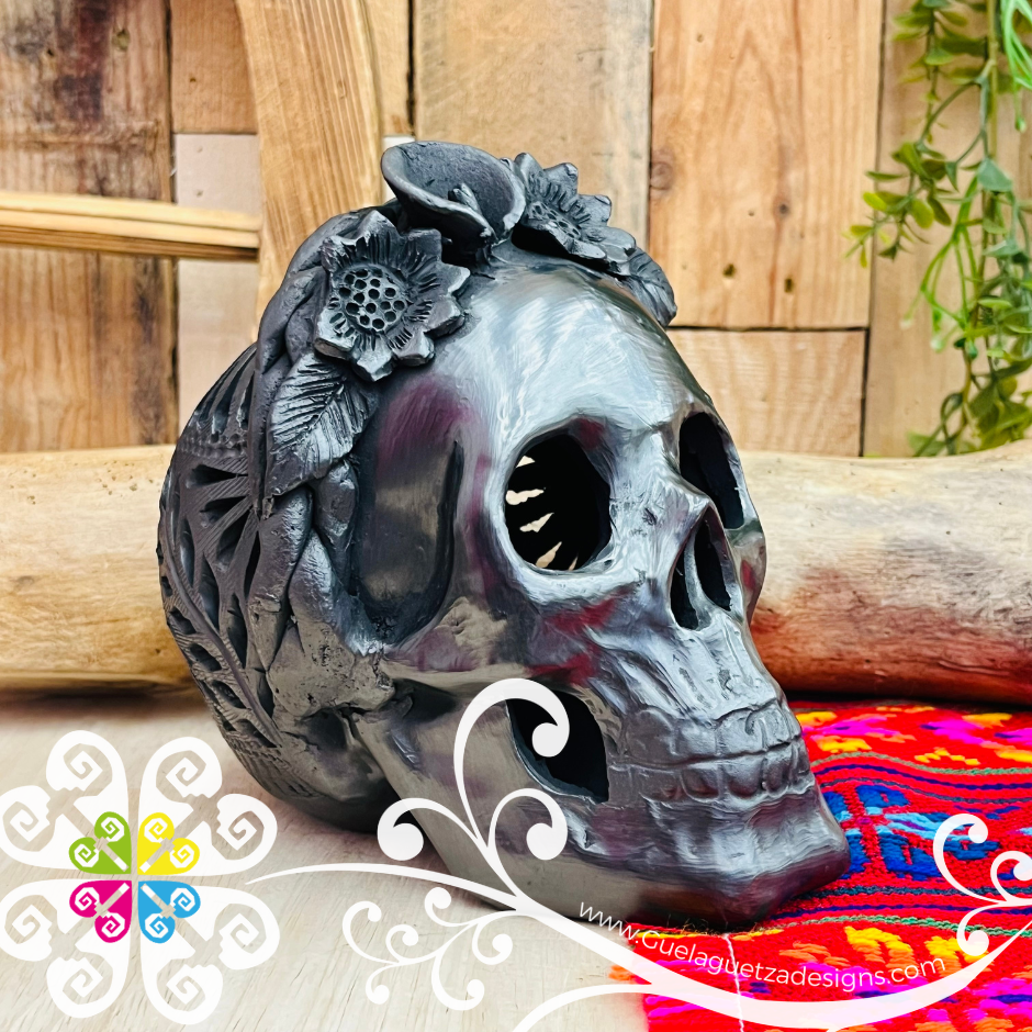 Medium Frida Skull  - Black Clay Oaxaca