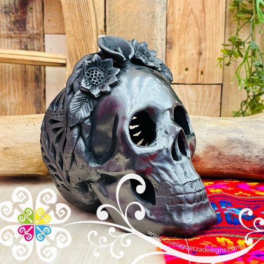 Medium Frida Skull  - Black Clay Oaxaca