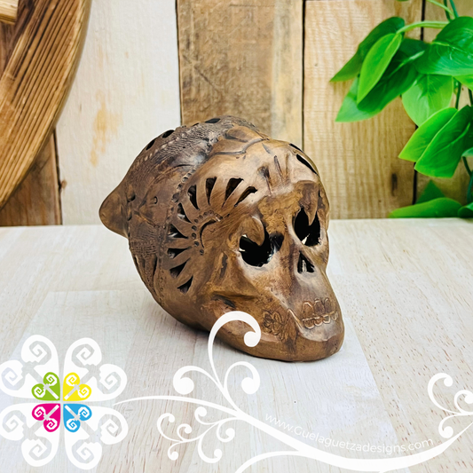 Small Jaguar Warrior Skull Calado Skull  - Barro Café Oaxaca