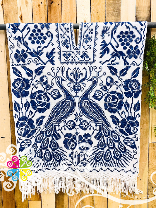 Blue Peacock Embroider Long Poncho - Gaban