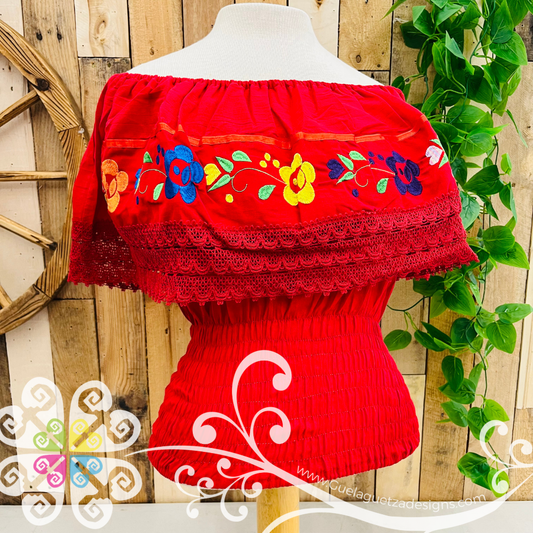Red Campesina Embroider Crop Top- Women Top