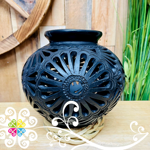 Extra Large Calado Cantarito Black Clay Vase - Barro Negro Oaxaca