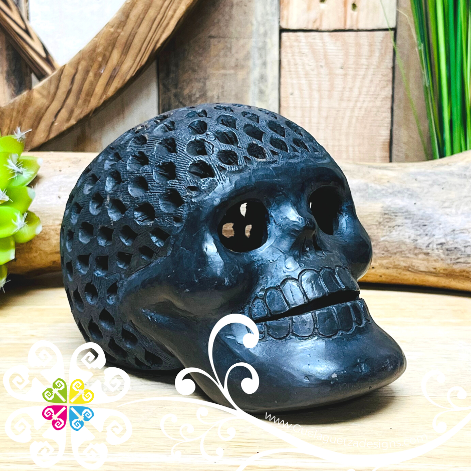 Large Calado Skull  - Black Clay Oaxaca