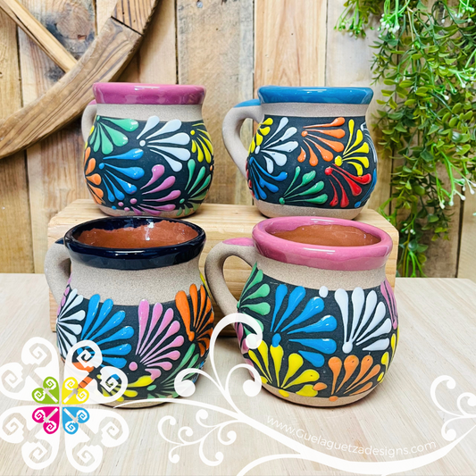 Set of 4 Arcoiris Jarrito Clay Mugs - Set Taza Barro