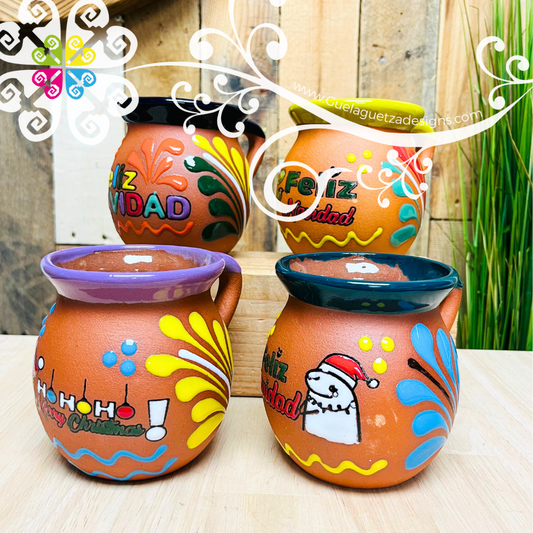 Set of 4 Feliz Navidad Mexican Clay Mugs - Set Taza Barro