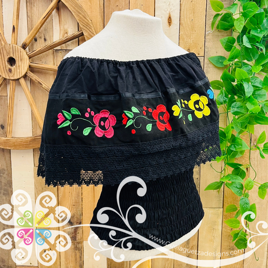 Black Campesina Embroider Crop Top- Women Top