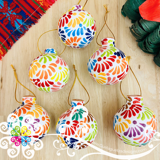 White With Multi Puebla Ornaments - Talavera Christmas Ornaments