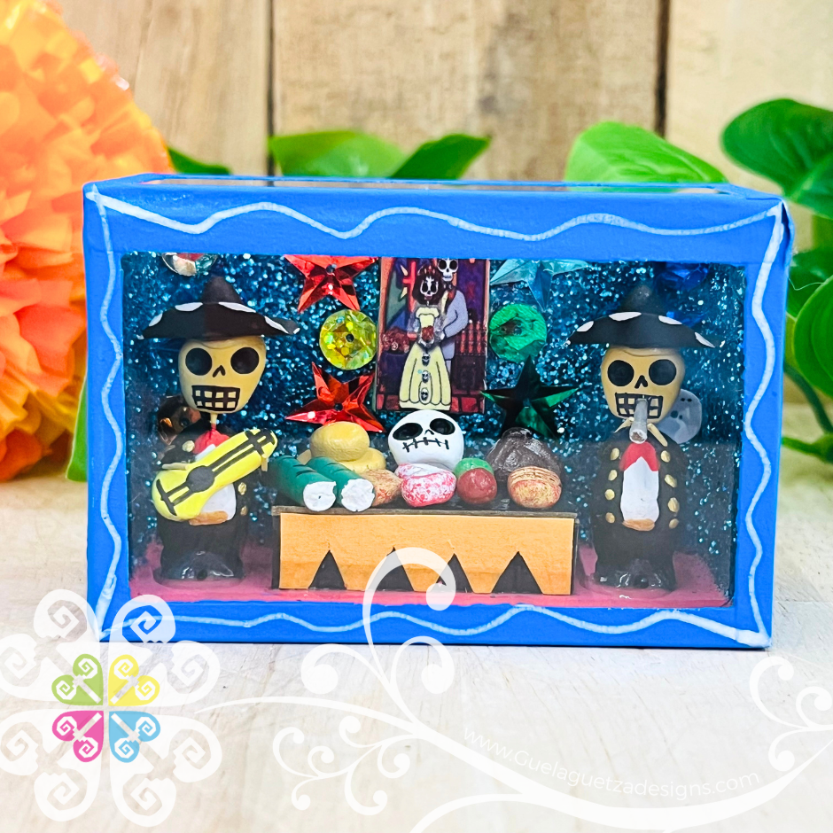 Blue Mini Square Day of Dead Mexican Box Decor - Cajita Decorativa Barro Cocido