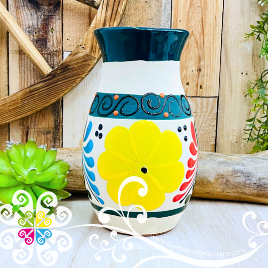 Dark Teal Florero Ovulo Floreado - Mexican Home Décor