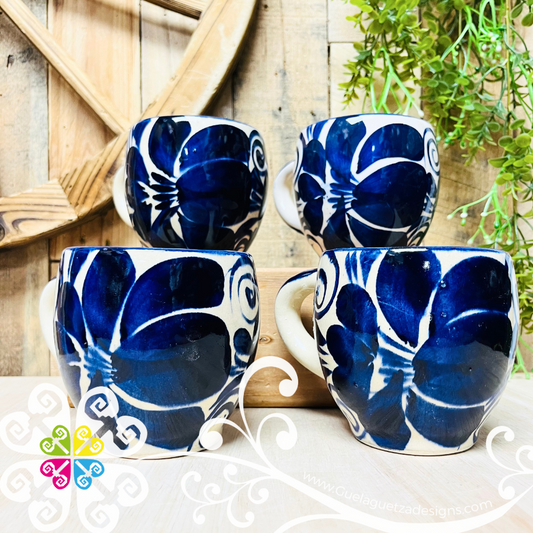Set of 4 Blue Flor de Arana Mugs - Set Taza Ceramica