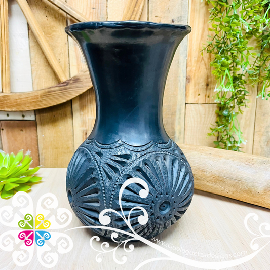 Large Cartuchero Black Clay Vase - Barro Negro Oaxaca