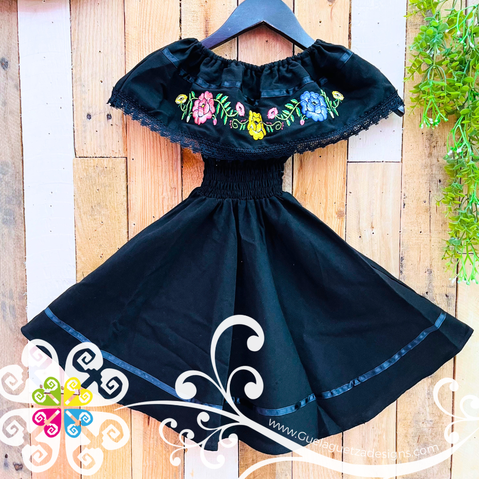 Black Tehuana Embroider Campesino Children Dress