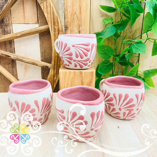 Set of 4 Pink Corazon Clay Mugs - Set Taza Barro