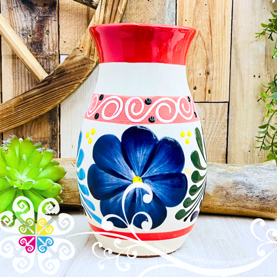 Red Florero Ovulo Floreado - Mexican Home Décor