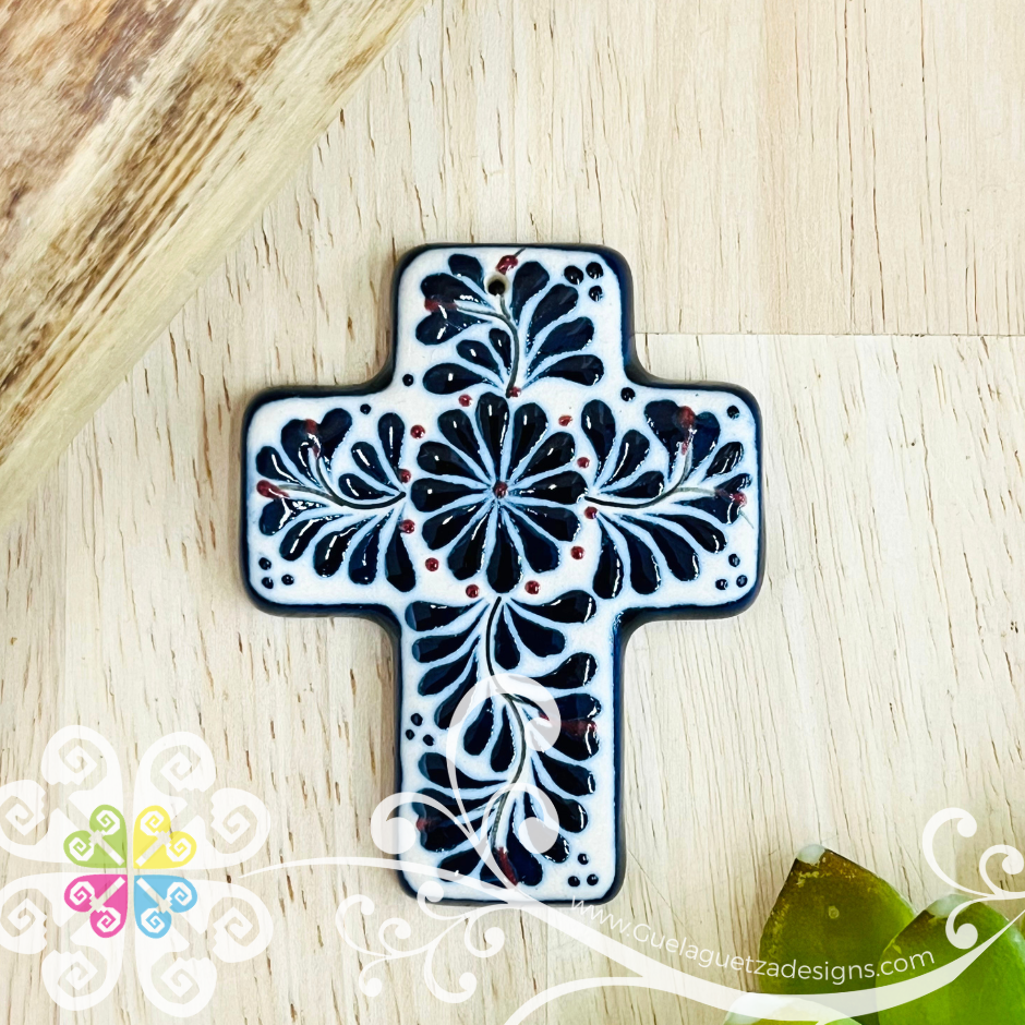 Mini Navy Blue Flower Cross - Barro Alta Temperatura - Home Wall Decor