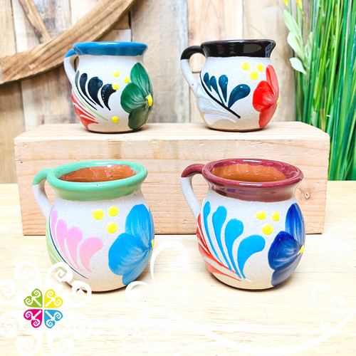 Set of 4 Small Mexican Flower Clay Mugs - Jarrito Mexicano