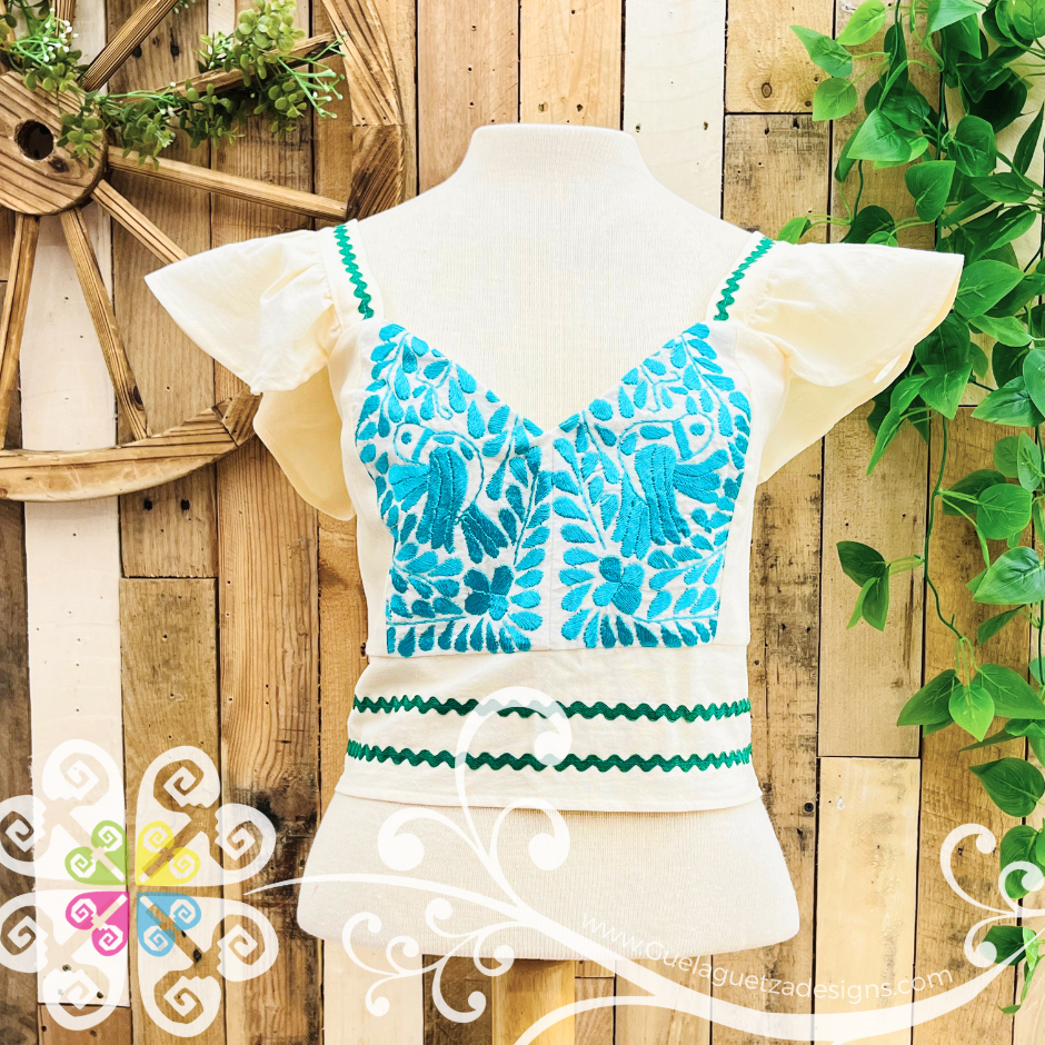 Teal Paloma Crop Top - Short Flutter Sleeve - Women's Top