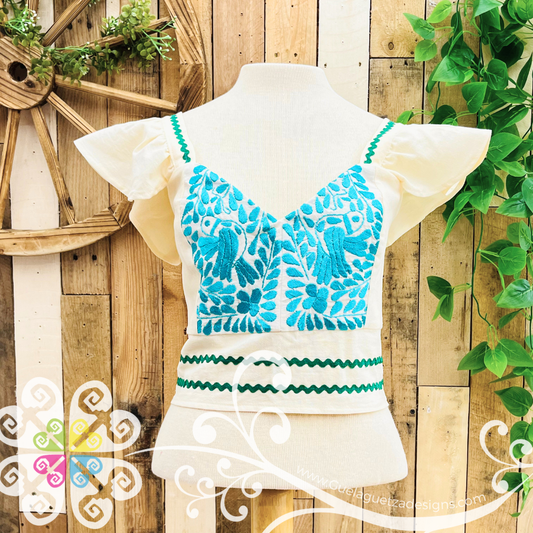 Teal Paloma Crop Top - Short Flutter Sleeve - Women's Top
