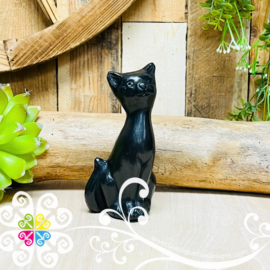 Small Long Neck Cat Black Clay Figure - Barro Negro Oaxaca