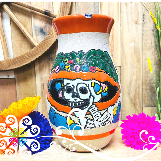 Orange Catrina Ovulo Vase - Mexican Home Décor