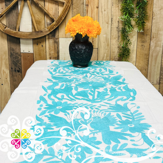 Teal Large Solid Color Otomi Table Runner - Camino de Tenango