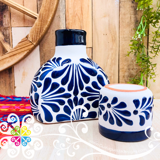 Cobalt Blue Espiga Polka Tequilero - Bottle with Clay Shot