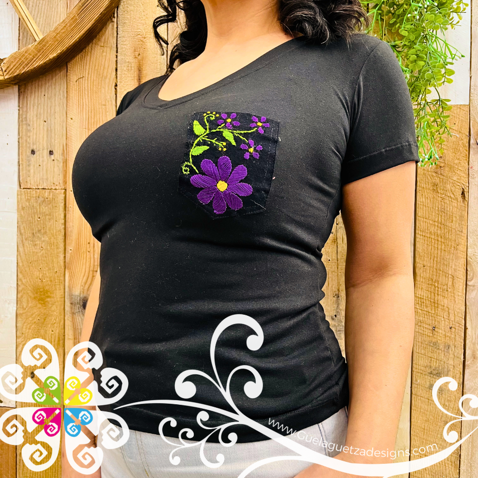 Black Flor Aro Embroider Women Tee - Pocket Embroider
