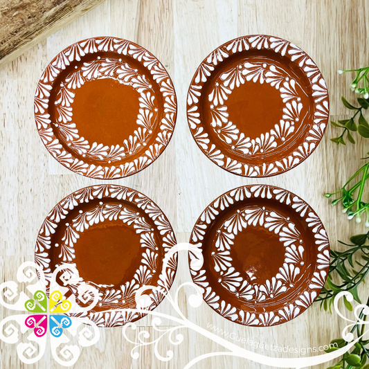 Set of 4 Large Natural with White Espiga Plate - Set Clay Flat Plates