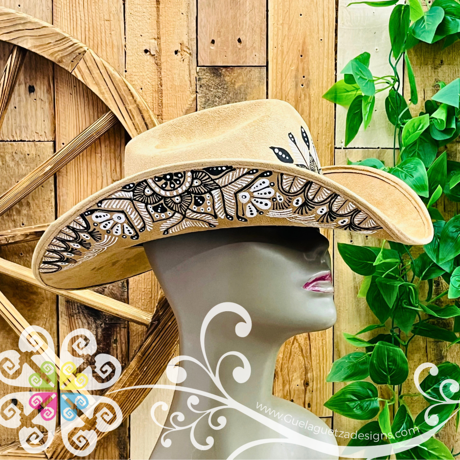 Tan Mitla Cowboy Velvet Hat - Hand Painted Hat