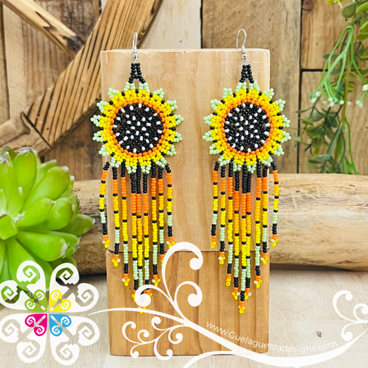 Beaded Sunflower Tassel Earrings