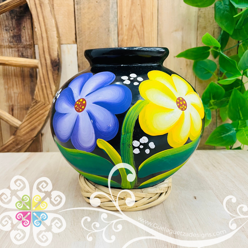 Large Painted Cantarito Black Clay Vase - Barro Negro Oaxaca