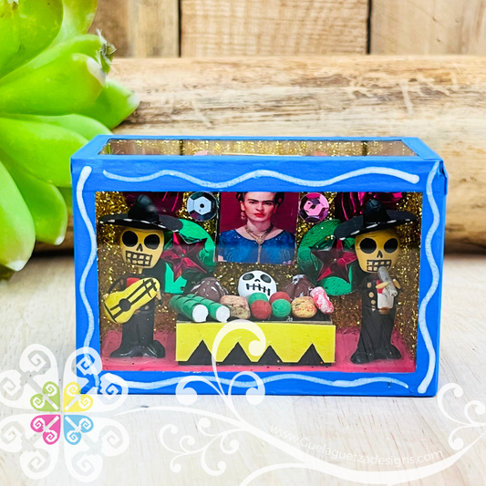 Blue Mini Square Frida Mexican Box Decor - Cajita Decorativa Barro Cocido