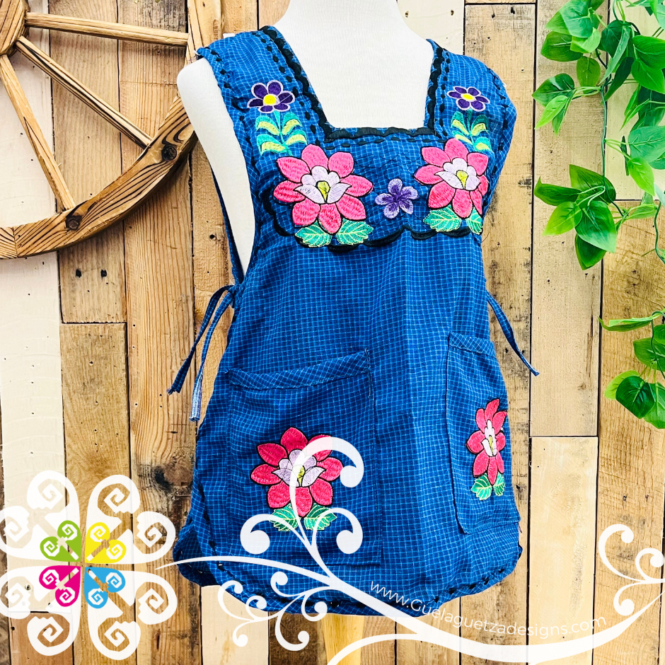 Royal Blue with Pink Orchids Escapulario Embroider Apron - Mandil Artesanal