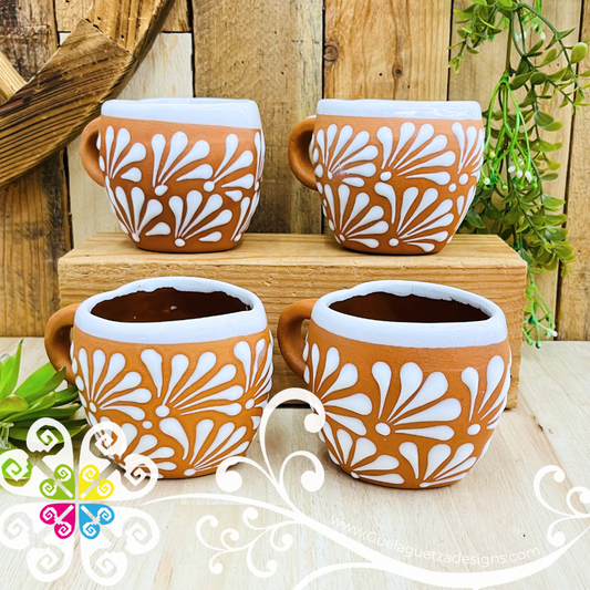 Set of 4 Natural with White Corazon Clay Mugs - Set Taza Barro