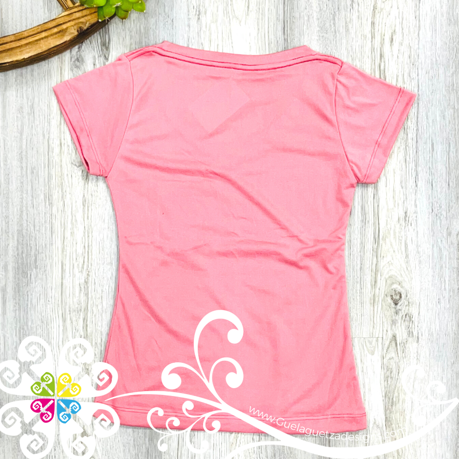 Pink Flor Aro Embroider Women Tee - Pocket Embroider