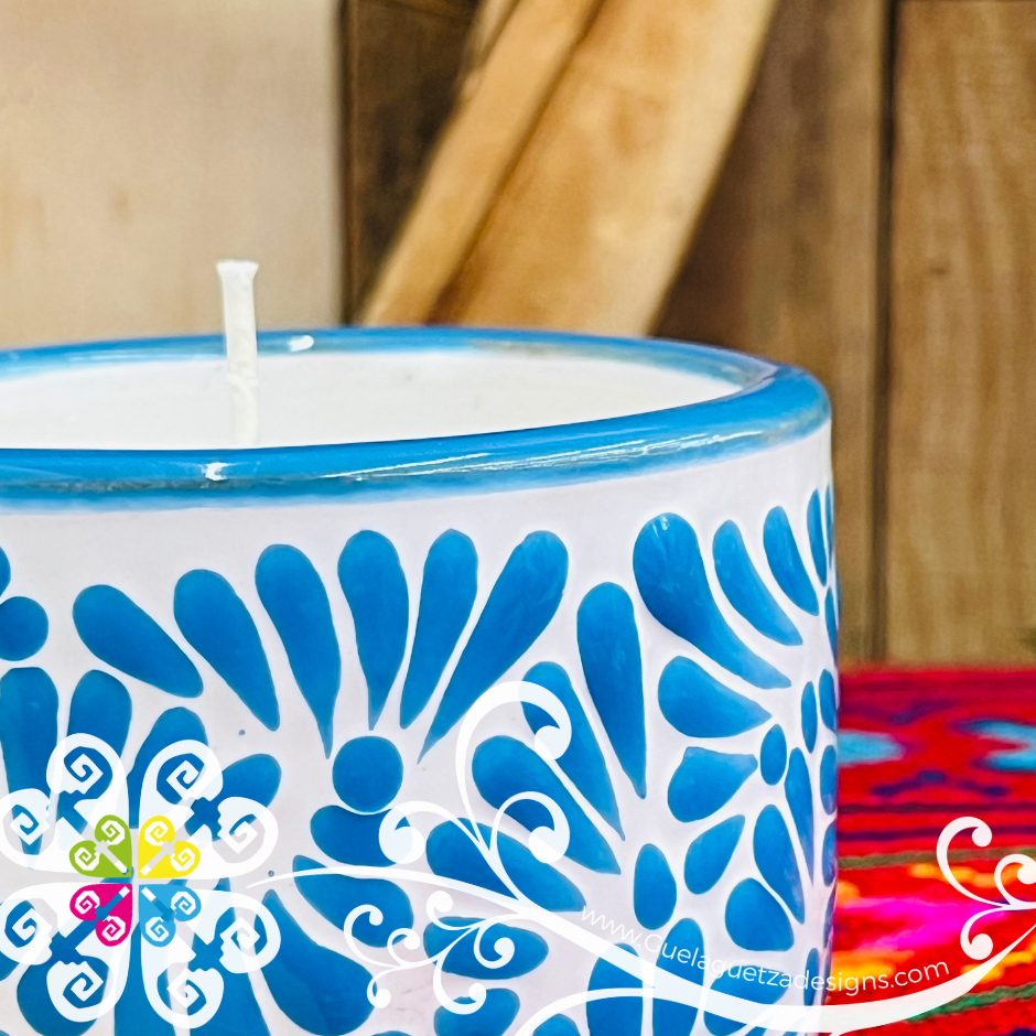Large Tazon Blue Turquoise Talavera Candle - Artisan Candles