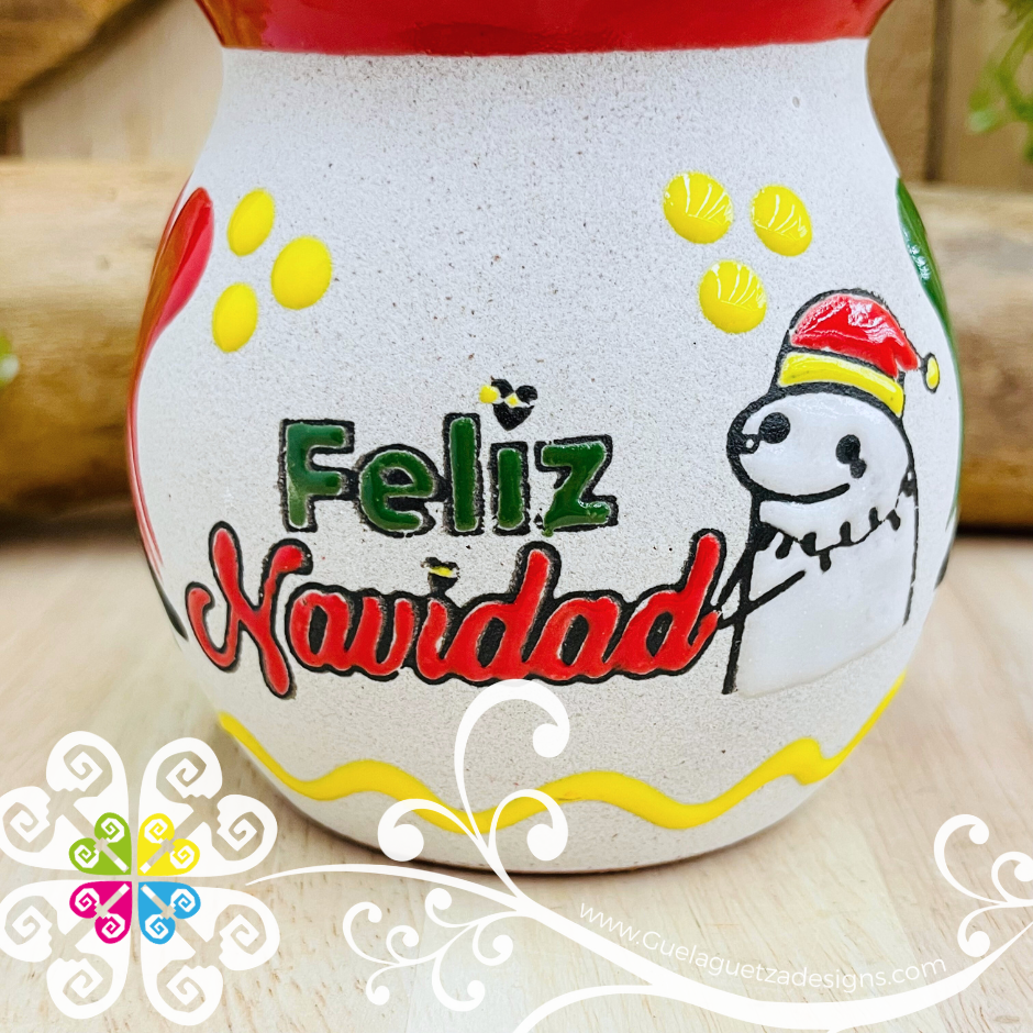 Set of 4 Engobe Feliz Navidad Mexican Clay Mugs - Set Taza Barro