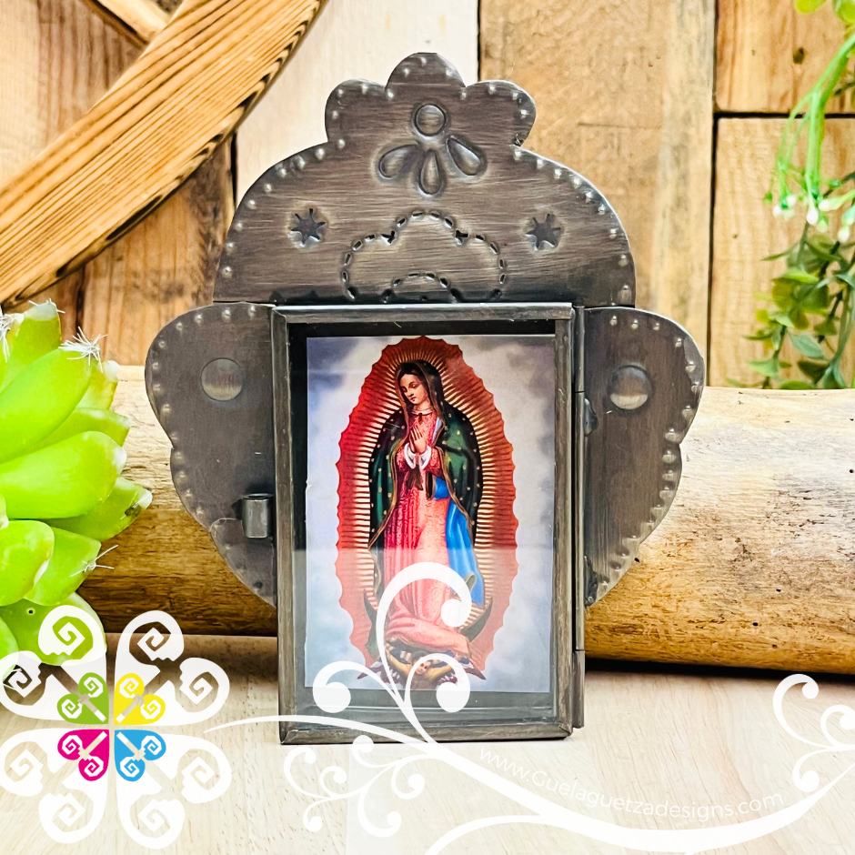 Medium Cobrizado Virgen De Guadalupe Nicho Frame - Hojalata San Miguel Collection