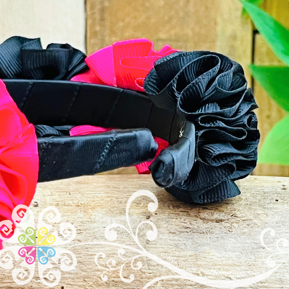 Fuchsia/Black Catrina Ribbon Flower Headband - Folkloric Headband