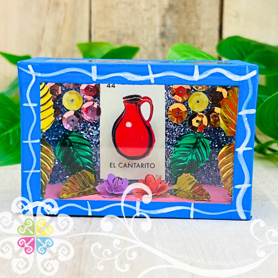 Mini Blue Square LoteriaMX Mexican Box Decor - Cajita Decorativa Barro Cocido