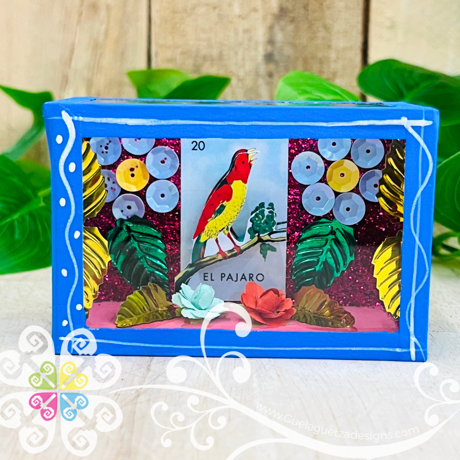 Mini Blue Square LoteriaMX Mexican Box Decor - Cajita Decorativa Barro Cocido