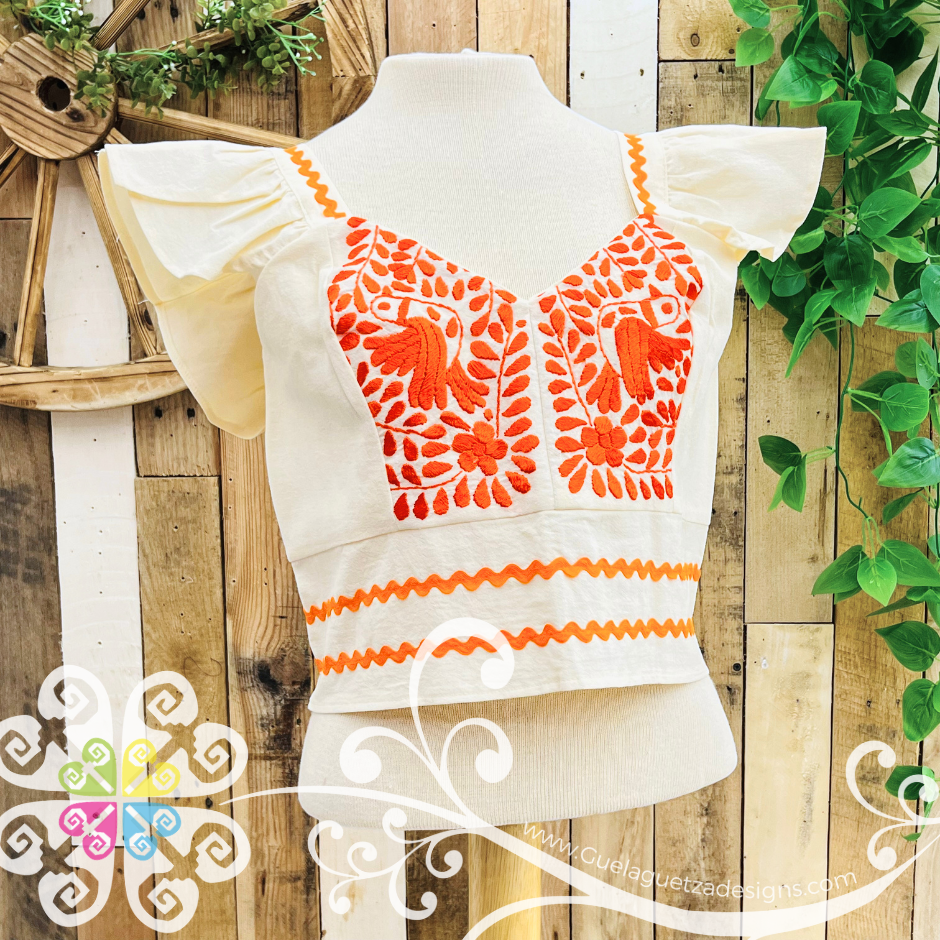 Orange Paloma Crop Top - Short Flutter Sleeve - Women's Top
