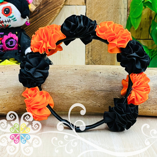 Orange/Black Catrina Ribbon Flower Headband - Folkloric Headband