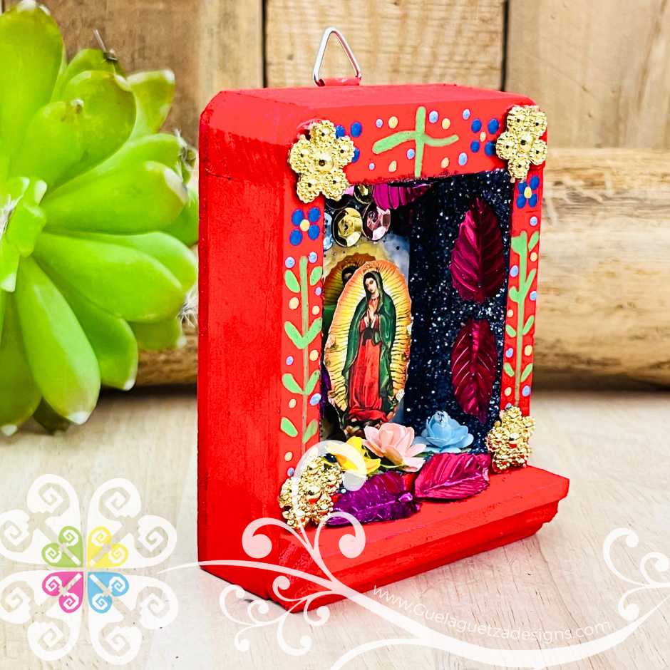 Red Miniature Virgencita Shadow Box - Cajita Decorativa