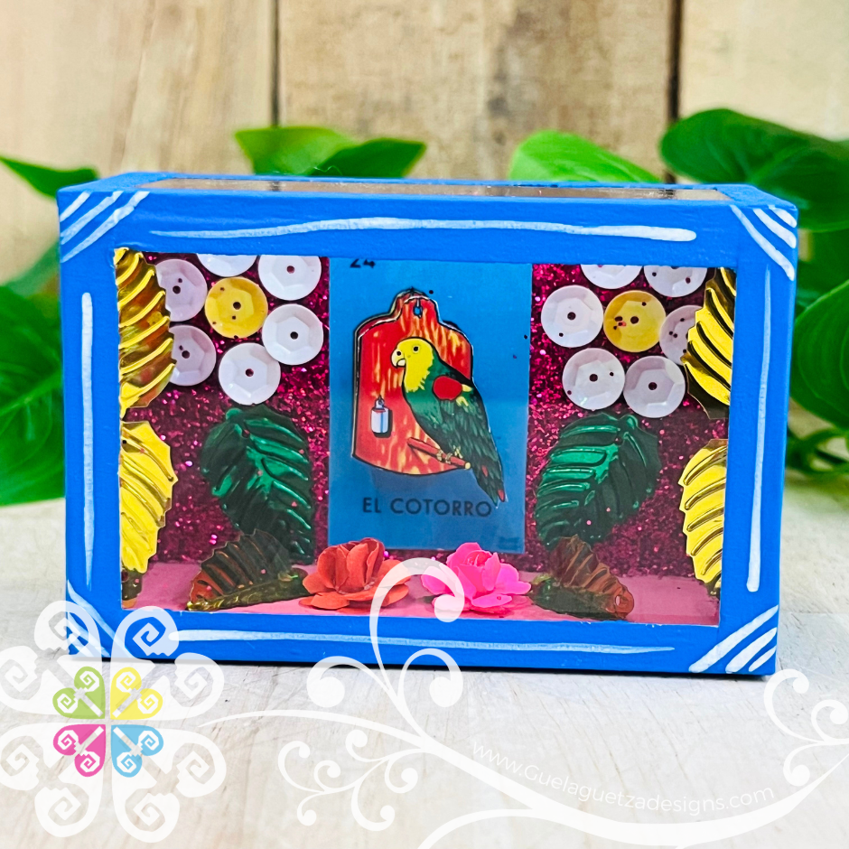 Mini Blue Square LoteriaMX Mexican Box Decor - Cajita Decorativa Barro Cocido