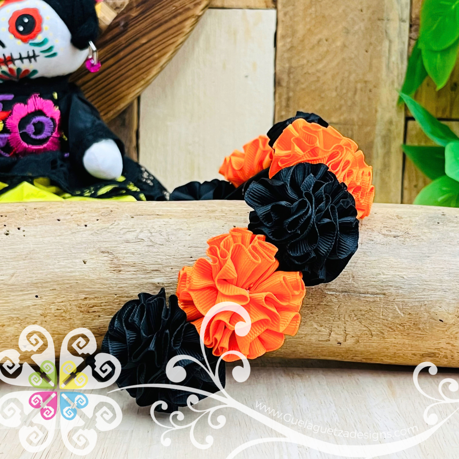 Orange/Black Catrina Ribbon Flower Headband - Folkloric Headband